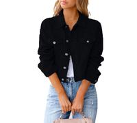 Ksikdeg Chaqueta de mezclilla ajustada para mujer, diseño ligero, manga larga, con botones, ropa exterior con bolsillos, para chaquetas de camionero, Negro, XXL
