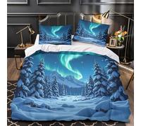 KSIMOVERN Auroras boreales 3D Impresión Edredón Funda 3pz Microfibra Antimanchas Paisaje Invernal Funda de edredón 2 Fundas Transpirable Niños Adolescentes Single (135x200cm)