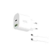 Ksix Cargador De Red 20w, Power Delivery, Carga Rápida, Gan, Usb-c + Usb-a, Cable Usb-c A Usb-c 1 M, Blanco