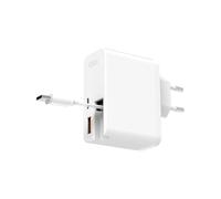 KSIX Cargador de Red retráctil 65W, Carga Ultra rápida, GAN, USB-C + USB-A, PD/PPS, Cable Tipo C 70 cm, Blanco