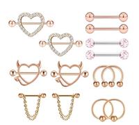 KSJEHW 14 Piezas Piercing Capezzoli per Donna Body Piercing Nipple Stainless Steel Nipple Barbell Set Carino Cuore Farfalle Lingua Ipoallergenico Gioielli Piercings (Oro rosa)