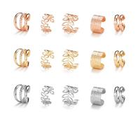 KSJEHW 15 Piezas Ear Cuff Pendientes Oreja Sin Agujero para Mujer, Pendientes de Clip Ajustables en Oro, Plata y Oro Rosa, Falsos Piercing Cartílago Helix Earcuff Joyería con Bolsa de Terciopelo