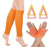 KSJEHW 3 Piezas Set de Calentadores de Piernas Elásticos de Neón y Guantes de Rejilla Accesorios Disfraces Deguisement pour Soirées à Thème et Spectacles Sur Scène Carnavals (naranja)