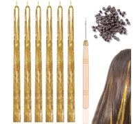 KSJEHW 6 Piezas Extensiones de Cabello Tinsel, 1200 Hebras Kit de Oropel Brillante, Resistente al Calor Glitter Tinsel Hair Extension para Mujeres Niñas(Oro)