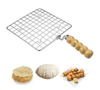 KSJONE Alambre multifuncional de acero inoxidable para hornear y enfriar al vapor parrilla cuadrada de alambre tostador/Papad Jali/Roti Grill forma redonda con mango de madera