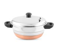 KSJONE Cocina Idli con fondo de cobre todo en uno, 4 piezas Multi Kadai con tapa de acero inoxidable, 2 platos idli (10 idlis), 1 vaporera y 1 cuchara Idli con silbato, color plateado