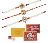 KSJONE Juego de 3 Rakhi para hermano con juego de regalo, Rakhi para hermano con tarjeta, Roli Chawal | Rakhi para hermano y Bhabhi | Cesta Rakhi para hermano | Rakhi para niños | Raksha Bandhan