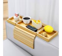 Kssiaz Bandeja de Bambú de Brazo para Sofá, Mesa Apoyabrazos de Sofá Extensible y Plegable, Organizador de Apoyabrazos Antideslizante para Bebida, Taza, Snack, Control, Fruta, Color Madera