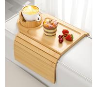 Kssiaz Bandeja de Brazo de Sofá, Mesa Bandeja de Bambú para Sofá, Bandeja para Brazo de Sofá con Portavasos, Organizador Antideslizante para Reposabrazos para Bebida, Taza, Merienda, Control, Natural