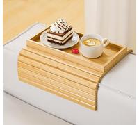 Kssiaz Bandeja de Brazo para Sofá, Mesa de Brazo de Sofá de Bambú Plegable, Bandeja para Reposabrazos de Sofá Antideslizante con Portavasos, Mesa Lateral para Aperitivos Teléfonos Mandos Bebidas