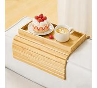 Kssiaz Bandeja de Brazo para Sofá, Mesa de Brazo de Sofá de Bambú Plegable, Bandeja para Reposabrazos de Sofá Antideslizante con Portavasos, Mesa Lateral para Aperitivos Teléfonos Mandos Bebidas