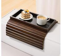 Kssiaz Bandeja de Brazo para Sofá, Mesa de Brazo de Sofá de Bambú Plegable, Bandeja para Reposabrazos de Sofá Antideslizante con Portavasos, Mesa Lateral para Aperitivos Teléfonos Bebidas, Marrón