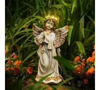 Kssiaz Estatua del Ángel del Jardín, Figurita de Resina Ángel de Oración con Guirnalda con Luz Cálida Energía Solar, Escultura de Angelita Impermeable Decoración para Césped Patio, Albaricoque Rosa