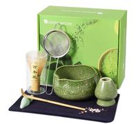 Kssiaz Juego de Batidor de Matcha, 7 Pzas Kit de Matcha para Ceremonia de Té, Juego de Té Matcha para Preparar Desayuno, Cuenco de Matcha con Pico, Batidor y Soporte, Tamiz, Cuchara, Verde