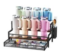Kssiaz Portavasos para Copas Stanley, Organizador de Copas Stanley de 2 Niveles para 8 Copas, Organizador de Botellas con Cajón y Caja Lateral, Expositor de Tazas para Almacenaje de Cocina, Marrón