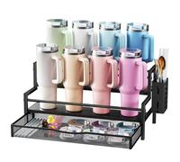 Kssiaz Portavasos para Copas Stanley, Organizador de Copas Stanley de 2 Niveles para 8 Copas, Organizador de Botellas con Cajón y Caja Lateral, Expositor de Tazas para Almacenaje de Cocina, Negro