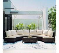 KswyyuwxgqI Juego de 5 muebles de patio de media luna para exteriores, sofá seccional curvado de mimbre con cojines beige y mesa auxiliar de cristal, juego de sofá de conversación de ratán de