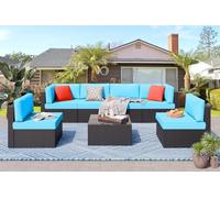 KswyyuwxgqI Juego de 7 muebles de patio al aire libre con cojines, sofá modular de ratán de tejido manual de polietileno, mesa de vidrio incluida, juego de conversación de patio para jardín, patio