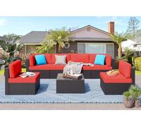 KswyyuwxgqI Juego de 7 muebles de patio al aire libre con cojines, sofá modular de ratán de tejido manual de polietileno, mesa de vidrio incluida, juego de conversación de patio para jardín, patio