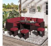 KswyyuwxgqI Juego de 7 muebles de patio al aire libre con sofá modular de mimbre de ratán para todo tipo de clima, mesa de comedor, sillas y otomana, incluye funda impermeable para jardín, patio