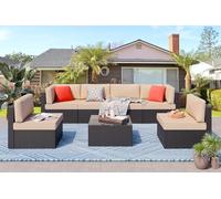 KswyyuwxgqI Juego de 7 muebles de patio para exteriores con tejido manual de mimbre de polietileno, sofá seccional de ratán, cojines, almohadas y mesa de cristal para conversación de patio (beige)