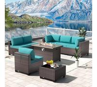 KswyyuwxgqI Juego de 8 muebles de patio al aire libre con sofá modular manual de mimbre de ratán, sofá de conversación y mesa de hoguera de gas propano de 43 pulgadas para jardín, patio, terraza