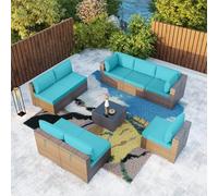 KswyyuwxgqI Juego de 9 muebles de patio al aire libre, sofá modular de ratán marrón con mimbre manual, cojines y fundas, mesa de té de vidrio templado, juego de conversación para patio, jardín, salón
