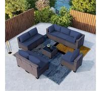 KswyyuwxgqI Juego de 9 muebles de patio para exteriores, sofá modular de ratán marrón con mimbre manual, cojines y fundas, mesa de té de vidrio templado, juego de conversación para patio, jardín
