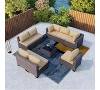 KswyyuwxgqI Juego de 9 muebles de patio para exteriores, sofá modular de ratán marrón con mimbre manual, cojines y fundas, mesa de té de vidrio templado, juego de conversación para patio, jardín