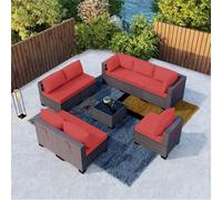 KswyyuwxgqI Juego de 9 muebles de patio para exteriores, sofá modular de ratán marrón con mimbre manual, cojines y fundas, mesa de té de vidrio templado, juego de conversación para patio, jardín