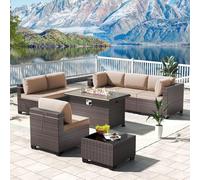 KswyyuwxgqI Juego de conversación para patio al aire libre de 8 piezas con sofá modular de ratán en mimbre manual, incluye mesa de hoguera de gas propano de 43 pulgadas para terraza, jardín, patio