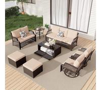 KswyyuwxgqI Juego de muebles de mimbre para patio de 8 piezas con sofá modular al aire libre, sillas giratorias, mesa auxiliar de almacenamiento y dos otomanas, juego de conversación para patio