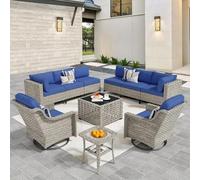 KswyyuwxgqI Juego de muebles de patio al aire libre de 10 piezas con mecedoras giratorias, sofá modular de mimbre de ratán, mesa auxiliar LED brillante, sillas individuales para patio, porche, balcón