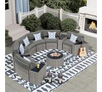 KswyyuwxgqI Juego de muebles de patio de 11 piezas para exteriores, sofá modular curvado de media luna con mesa de café redonda, funda impermeable para porche trasero (gris)