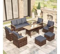 KswyyuwxgqI Juego de muebles de patio de 8 piezas, sillas de mimbre para exteriores con otomanas, sofá de 3 asientos y mesa de comedor, juego de conversación para todo tipo de clima con cojines