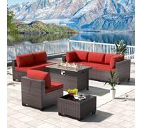 KswyyuwxgqI Juego de sofá modular de ratán de polietileno de 8 piezas con sofá de mimbre manual, juego de conversación de patio al aire libre con mesa de hoguera de gas de 43 pulgadas para patio
