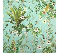 Kt KILOtela - Tela de sábana estampada digital - Satén 300 hilos - 100% algodón - Retal de 100 cm largo x 300 cm ancho | Loros, pájaros, plantas - Verde, blanco ─ 1 metro