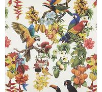 Kt KILOtela - Tela Loneta Estampada Digital, Tapizar, Cojines, Cortinas, Half Panamá Algodón, Ancho 140 cm, Largo a Elección de 50 en 50 cm | Aves Tropicales Zenda - Blanco, Multicolor