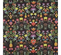 Kt KILOtela - Tela Loneta Estampada Digital, Tapizar, Cojines, Cortinas, Half Panamá Algodón, Ancho 140 cm, Largo a Elección de 50 en 50 cm | Psicodelia Catrinas Mex - Negro, Multicolor