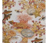 Kt KILOtela - Tela por metros de loneta estampada digital - Half Panamá 100% algodón orgánico -Ancho 280 cm - Largo a elección de 50 en 50 cm | Fondo marino Reef - Rosa coral, naranja, lila