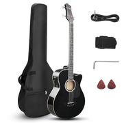 Ktaxon Bajo acústico de 4 cuerdas, kit de bajo de tamaño completo con bolsa de guitarra portátil, cable premium, llave, correa, púa (negro)