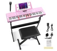Ktaxon - Teclado eléctrico de 61 teclas con teclas iluminadas, juego de piano eléctrico con auriculares, micrófono, reposo de música, adaptador de corriente, soporte, banco de piano y manual (rosa
