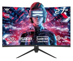 KTC Monitor Gaming Curvo de 27 Pulgadas, 180Hz, 2K QHD 2560 x 1440p, 1ms, VA 1500R Sin Marco, FreeSync & G-Sync, 16:9, 120% sRGB, Pantalla de reducción de luz Azul, DP 180Hz, HDMI 144Hz, H27S17