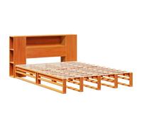 KTHLBRH Cama librería marrón cera 140 x 190 cm madera pino | Base de listones incluida, cabecero con estantes, sustituye a la mesita de noche, piecera