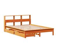 KTHLBRH Cama librería pino 160 x 200 cm marrón cera | Con 2 cajones, 3 estantes, base de láminas, estructura robusta, sin colchón