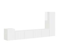 KTHLBRH Juego de 3 muebles de TV, color blanco brillante y madera | Taquillas de pared, fijaciones preperforadas, puertas y estantes, ahorro de espacio, estilo moderno, sala de estar