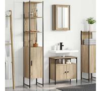 KTHLBRH Juego de Almacenamiento para Baño con Espejo y Estantes, Mueble de Madera y Acero en Acabado Texturizado, Mueble de Baño con Puertas con Bisagras y Patas de Poste Negras,
