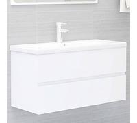 KTHLBRH Mueble de Baño con Lavabo de Cerámica y 1 Cajón, Armario Fregadero Compacto para Aseo, Grifo Monomando Frío/Caliente y Escurridor de Empuje Incluidos, Diseño Moderno