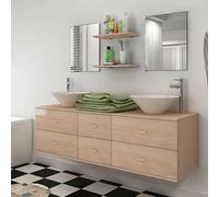 KTHLBRH Mueble de Lavabo de Pared con 2 Espejos, 2 Estantes, Lavabos de Cerámica y Grifos Monomando - Juego Completo para Baño con 4 Cajones, Robusto y Fácil de Instalar,