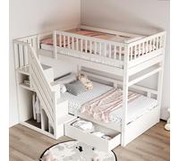 Ktipm Litera 90x200 cm con Cajón y Escalera de Almacenaje, Blanco | Literas Cama Infantil con Barandilla Anticaída y Somier de Madera, Cama Litera para 2 Personas, Sin Colchón